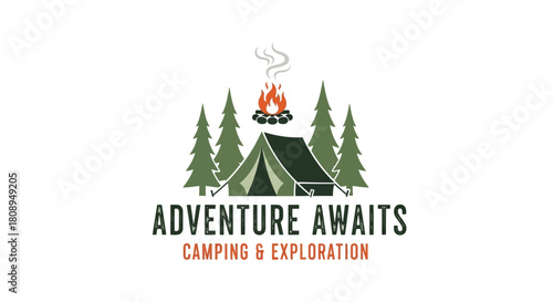 Emblematic design for exciting wilderness excursions, featuring a cozy tent nestled among pine trees with a bright, crackling campfire