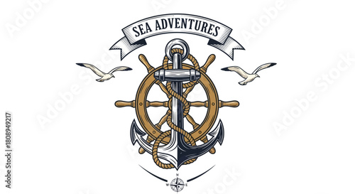 Sea Adventures Illustration with Anchor and Wheel Emblem