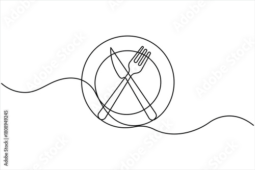 One continuous line art drawing of food tools. Fork, plate and knife for decoration restaurant menu linear design vector illustration