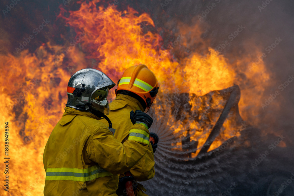 Obraz premium Team of firefighter in fireproof clothe are using twirl fog watering hose to put out the burning building with high flame for fire extinguish risk rescue mission, accident management