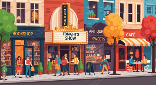 Bustling urban street scene illustration with a vibrant theater, unique shops, cafes, and people enjoying the lively city community