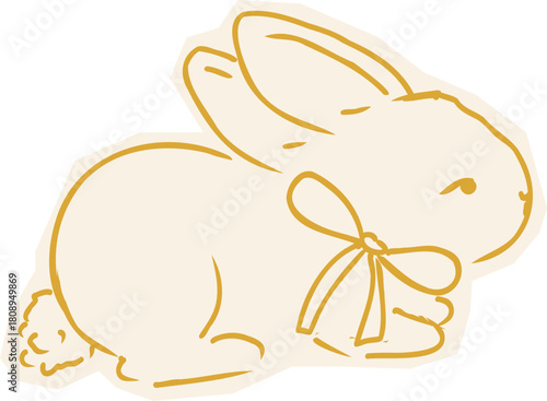 Easter Doodle Line Spring Sketch. Cute bunny with ribbon.