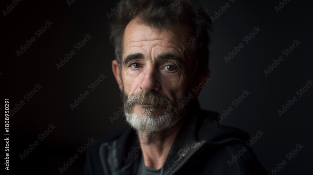 Obraz premium Thoughtful Man with Beard in Dim Light