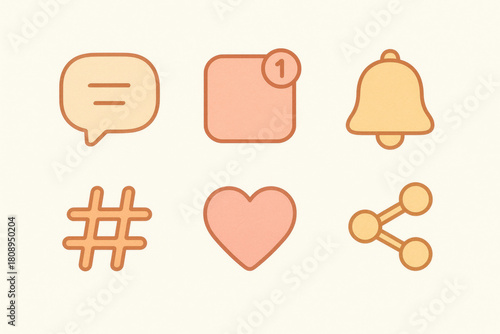 Icônes pastel de notifications et réseaux sociaux : message, alerte, hashtag, cœur, partage