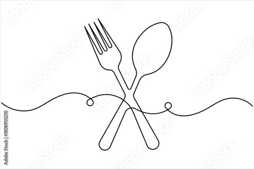 One continuous line art drawing of food tools. Spoon and fork for decoration restaurant menu linear design vector illustration