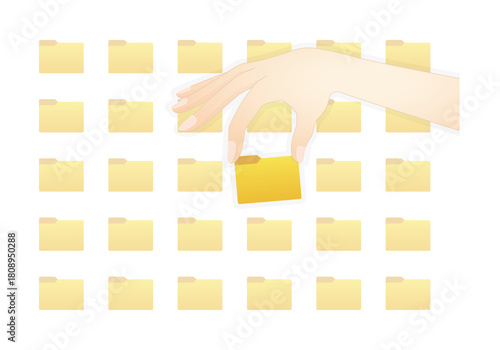複数のフォルダの中から1つを選んで取り出してる手のイメージ