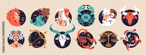 Set of circle avatars of zodiac signs. Round forms of symbols of 12 months of horoscope- aries, taurus, gemini, leo, cancer, libra, scorpio, pisces. Astrology icons. Flat isolated vector illustration