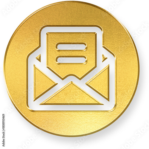 Free Download Shiny Gold Round Button with Metallic Open Email Envelope 3D Render Icon - GFXLoad
