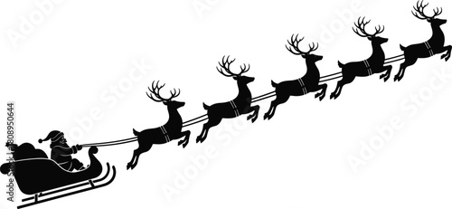 “Silhouette illustration of Santa riding sleigh pulled by reindeer, representing traditional Christmas holiday scene perfect for festive designs, seasonal decorations, and winter graphics”