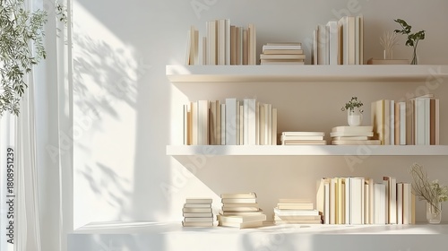 Minimalist White Bookshelf. Sunlight Cozy Elegant Home Library, Plants, Window, Books:. Zoom Virtual Backgrounds, Cozy Interior Backdrops, Living Room Backgrounds for Virtual Meetings