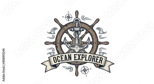 Nautical marine emblem with an anchor and a ship's wheel