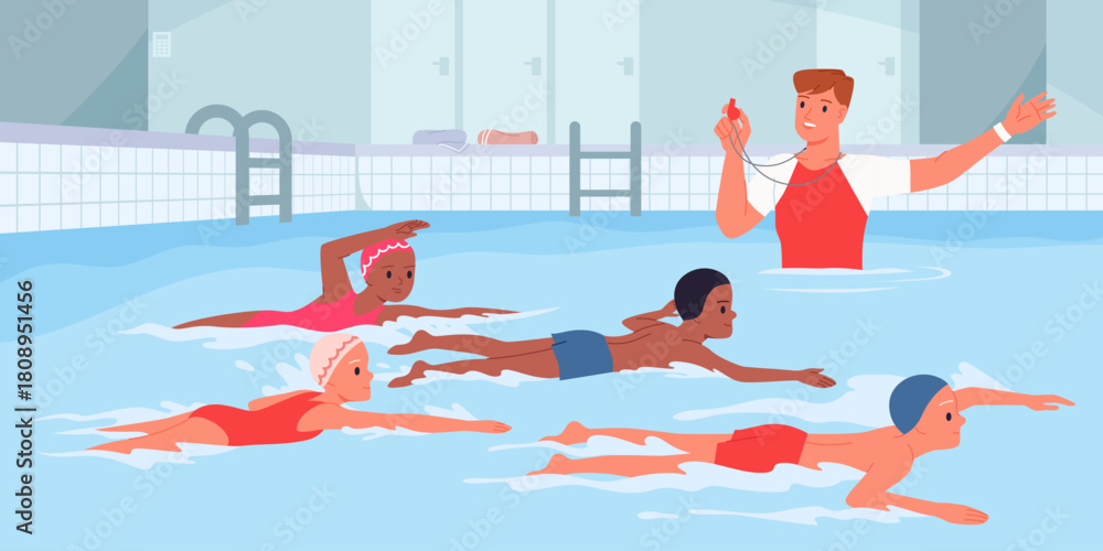 Fototapeta premium Group of diverse children learning to swim with a coach in an indoor pool, practicing strokes and water safety skills, supervised by a lifeguard, vector illustration