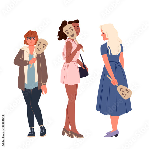 Three diverse women holding smiling masks in front of their faces, symbolizing hidden feelings, emotional concealment, and social facades, isolated vector illustration