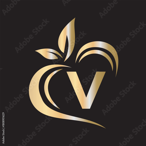 Eco Logo combine with letter V vector template