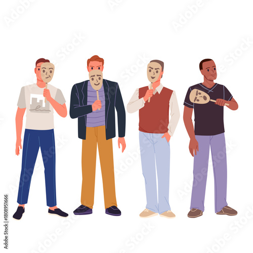 Group of four men standing and holding masks with different facial expressions, concept of hidden emotions, social roles, and identity isolated vector illustration