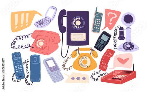 Collection of vintage rotary phones, classic landlines, early mobile cellphones, and communication symbols in colorful flat style, showing evolution of telephone technology isolated vector