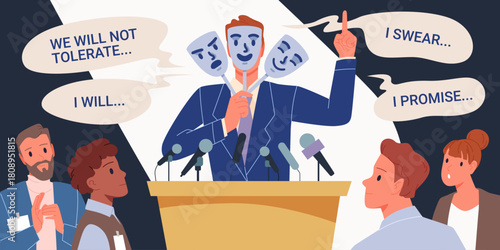 Politician at podium holding theatrical masks, surrounded by reporters, making promises and declarations, concept of deception, public trust, and political performance, isolated vector illustration