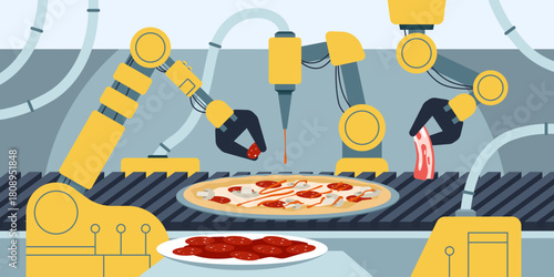 Automated robotic arms prepare pizza with toppings and sauce on a conveyor belt, showcasing modern food production technology in an industrial kitchen isolated vector illustration
