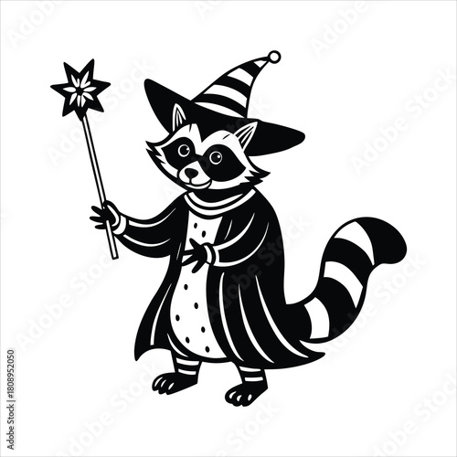 Cute raccoon wizard casting a spell with a wand