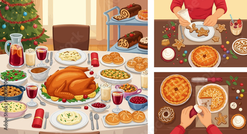 Festive Feast A Colorful Illustration of a Thanksgiving Meal with Delicious Food and Decorations