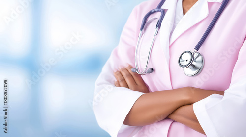 OB-GYN doctor in pink coat with stethoscope a medical professional in a pink coat with folded arms and a stethoscope, representing women’s health, OB-GYN care, and clinical expertise