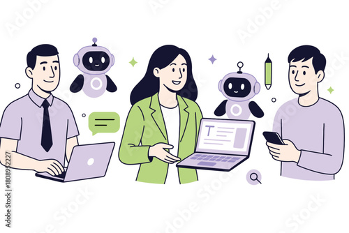 A diverse team works together with laptops, smartphones, and AI assistants, symbolizing modern technology and collaboration.