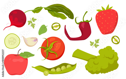 Fresh vegetables and fruits including tomato, apple, strawberry, cucumber, broccoli, chili, beetroot, garlic, pea pod, herbs, and leaves in flat style isolated vector illustration