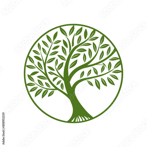 Stylized green tree of life in a circle emblem