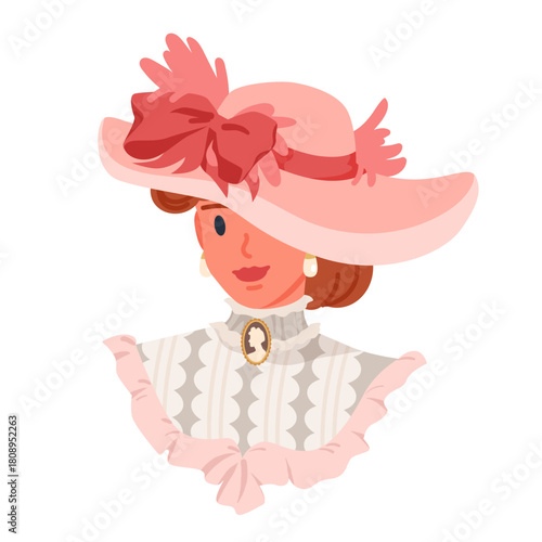 Elegant Victorian lady wearing a large pink hat with bow, cameo brooch, and ruffled dress, classic historical fashion isolated on white background vector illustration