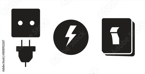 Electrical device icons, power plugs and sockets, Metaphorical 404 error page not found. Connection problem. Vector illustration.
