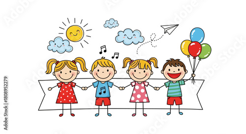 Cheerful Stick Figure Kids Holding Hands Vector Banner - Diverse Children Doodle Illustration