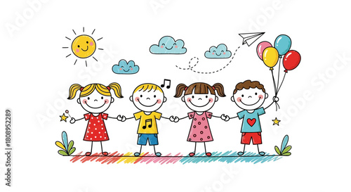 Cheerful Stick Figure Kids Holding Hands Vector Banner - Diverse Children Doodle Illustration