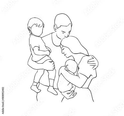 Heartwarming line art portrait of a loving family with two children, conveying togetherness, joy, and the beautiful bond of parenthood and sibling love
