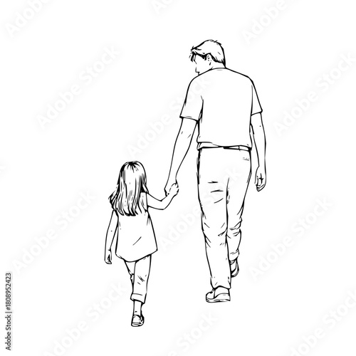 Touching father daughter moment as they walk hand in hand, a timeless bond celebrating family love and connection in a simple, elegant line drawing