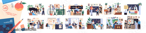 Set of teachers in classrooms. Professors explain lectures to students in class with whiteboard, blackboard. School education and subjects. Flat isolated vector illustrations on white background