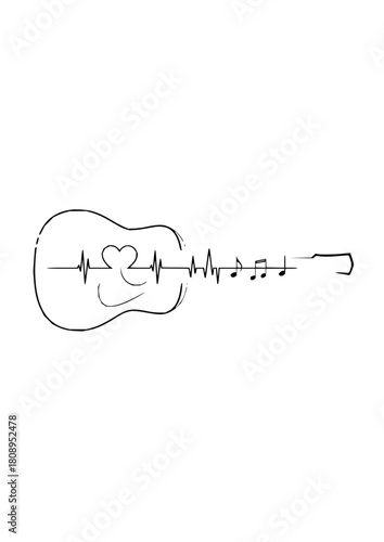 Passionate heart beats to the rhythm of music notes, a guitar's soul revealed in elegant line art, perfect for musicians, music lovers, and creative projects