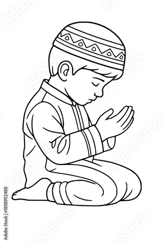 Heartwarming line art of a young Muslim boy in traditional clothing praying, perfect for Ramadan-themed educational materials and coloring books for kids