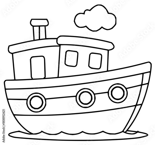 Charming steam boat outline illustration ready for coloring pages, a delightful activity for kids and adults alike, perfect for nautical themed projects