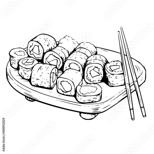 Delicious sushi platter line art drawing with chopsticks, perfect for restaurant menus, culinary blogs, or Japanese food promotions with a modern feel