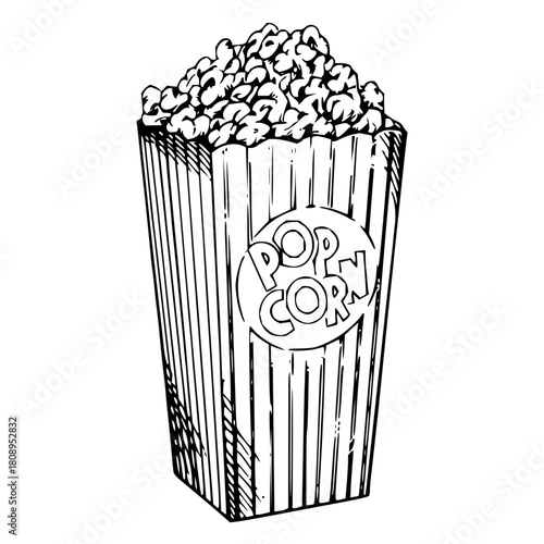 Delicious popcorn in a classic striped container, perfect for movie night, snack time, or advertising, originally a scalable vector graphic