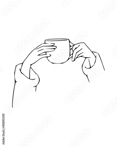 Cozy morning ritual with elegant hands holding coffee cup drawing, perfect for lifestyle blogs, minimalist art prints, or serene wellness branding ideas.
