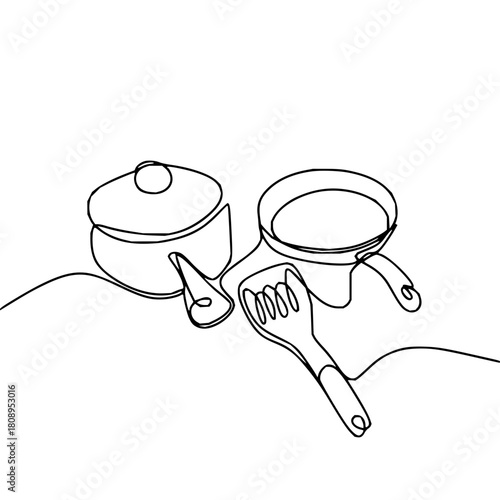Kitchenware line art drawing of cooking pot, frying pan, and spoon, ideal for culinary design, minimalist art prints, and modern kitchen decor projects
