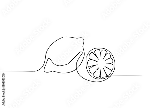 Modern continuous line drawing of a fresh lemon and slice, a minimalist design perfect for branding, packaging, or adding a touch of zest to your project