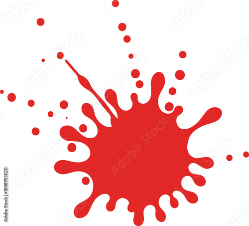 Abstract red paint splash with dynamic splatters and small drops isolated on transparent background, Vector