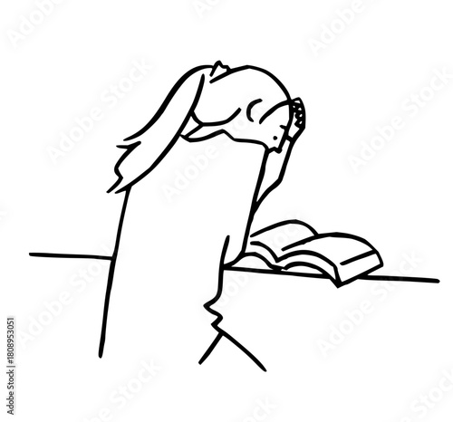 Stressed student studying hard for exams, feeling overwhelmed and anxious with open book on desk, perfect for depicting academic pressure in education