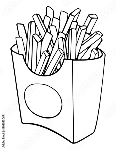 Hand-drawn French fries in box illustration perfect for menu designs, food blogs, or culinary themed projects, with a clean, minimalist aesthetic