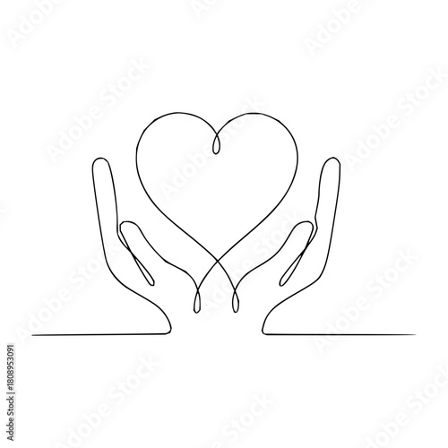 Elegant line art showcasing hands tenderly holding a heart, symbolizing love, care, and support in a simple, modern design for heartfelt messages and branding