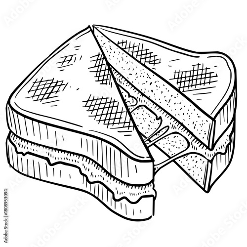 Delectable grilled cheese sandwich illustration, oozing melted cheese, perfect for menu designs, food blogs, or culinary projects, originally a vector graphic