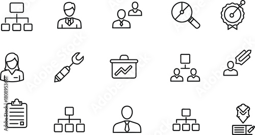 Hand drawn business and management icon set in black