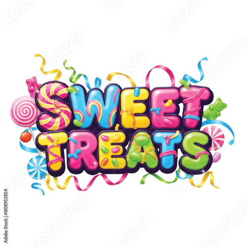 Delightful sweet treats lettering with colorful ribbons for vibrant party invitations and joyful celebrations, perfect for bakeries and dessert promotions